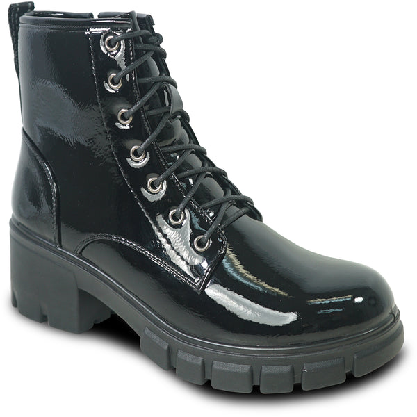 black patent women combate boots 