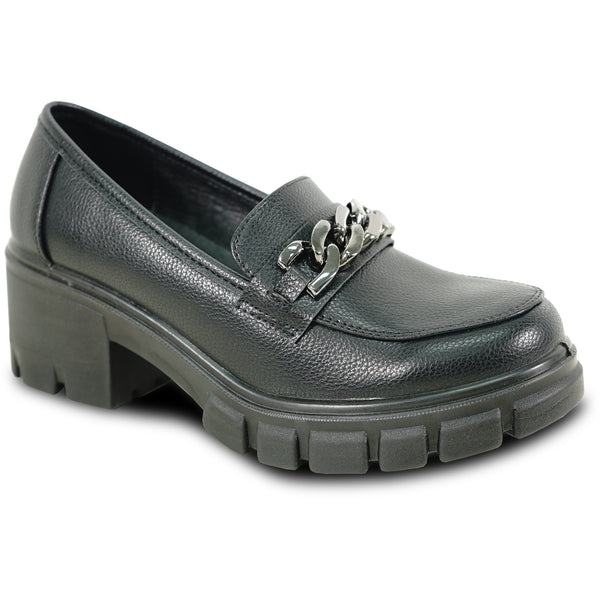 KOZI Women Comfort Dress Shoe OY3302 Platform Chunky Heel Pump Penny Loafer Slip-on Black with Removable Insole